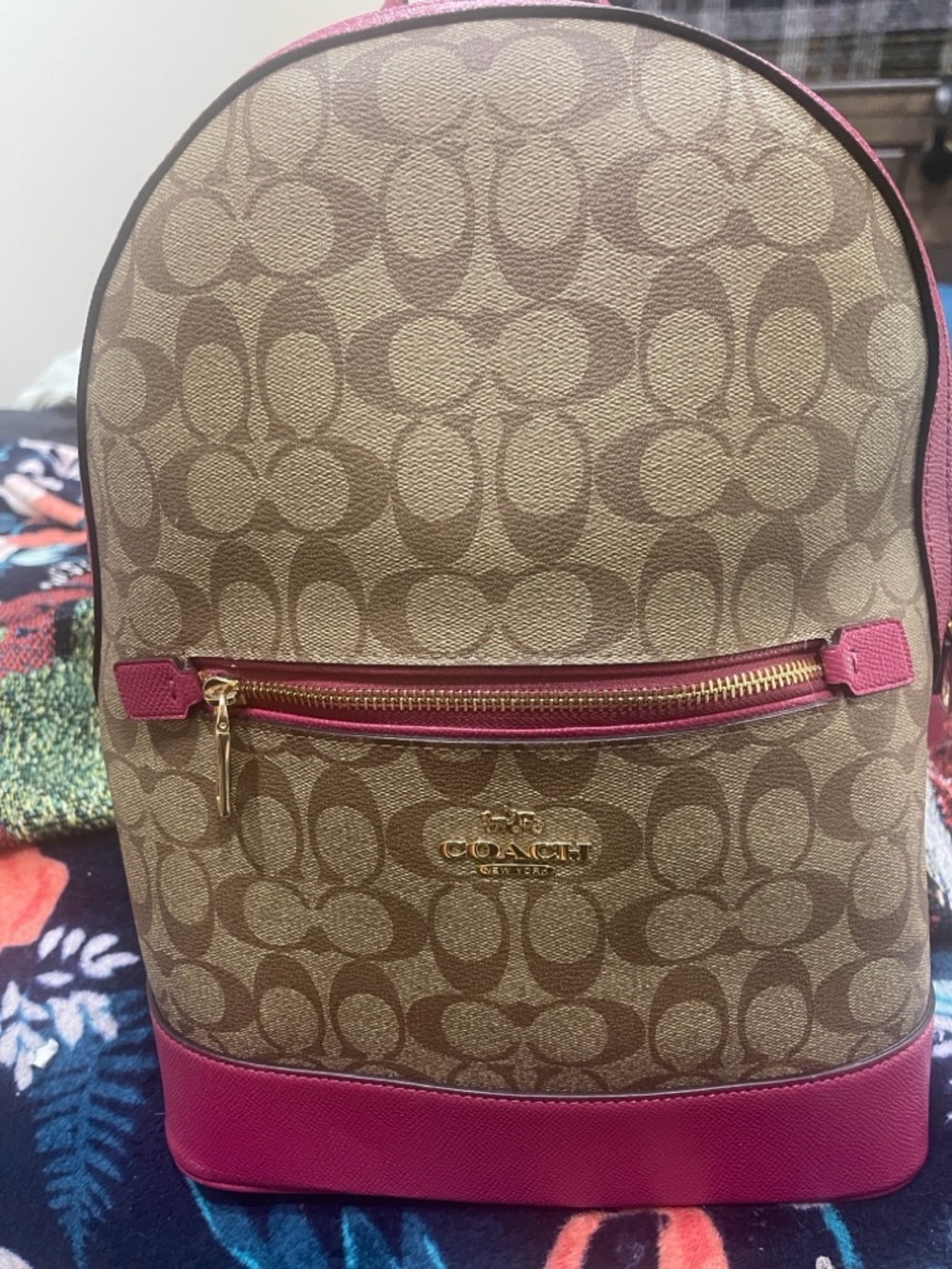 Coach Khaki Logo Canvas Backpack with Raspberry Trim